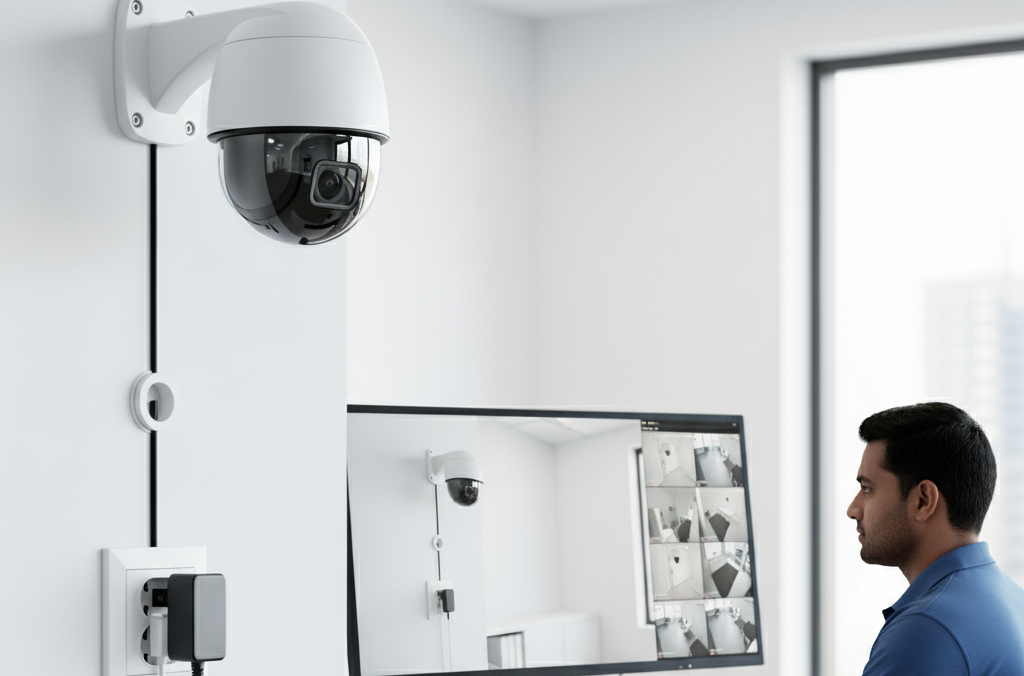 High-definition surveillance camera mounted on an office building exterior.